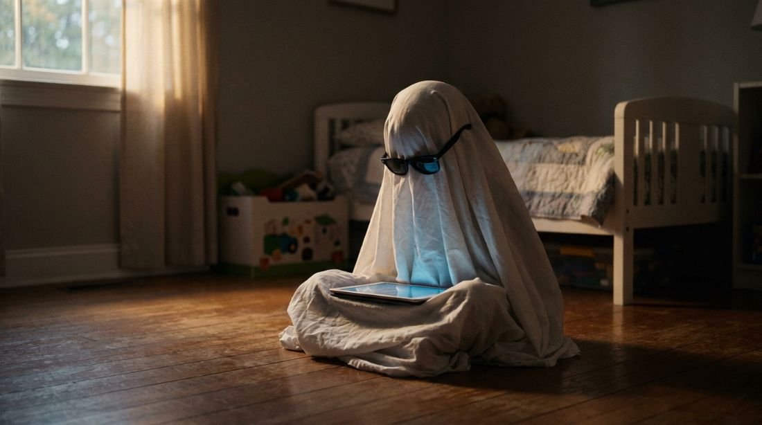 Criança coberta por um lençol de fantasma, sozinha no quarto com um tablet
