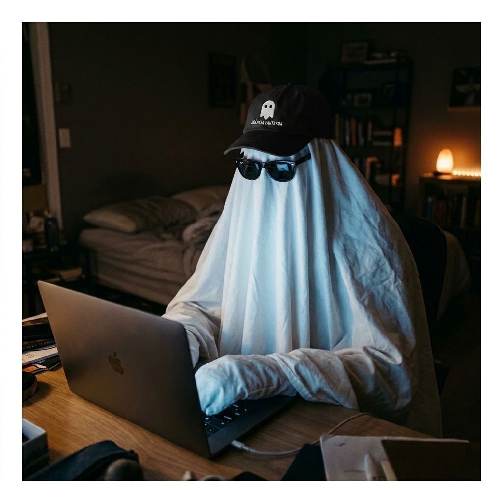 Fantasma de boné e óculos escuros trabalhando no notebook