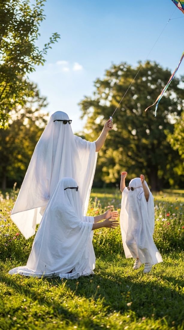 Família de fantasmas empinando pipa num campo ensolarado